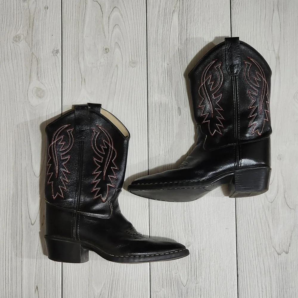 Black Western Cowboy Boots with Red Stitching Kids Size 3
